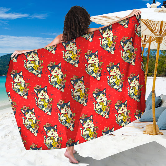 Japanese Cat Maneki Neko Pattern Print Beach Sarong Wrap