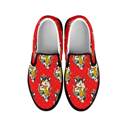Japanese Cat Maneki Neko Pattern Print Black Slip On Shoes