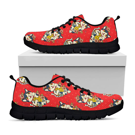Japanese Cat Maneki Neko Pattern Print Black Sneakers