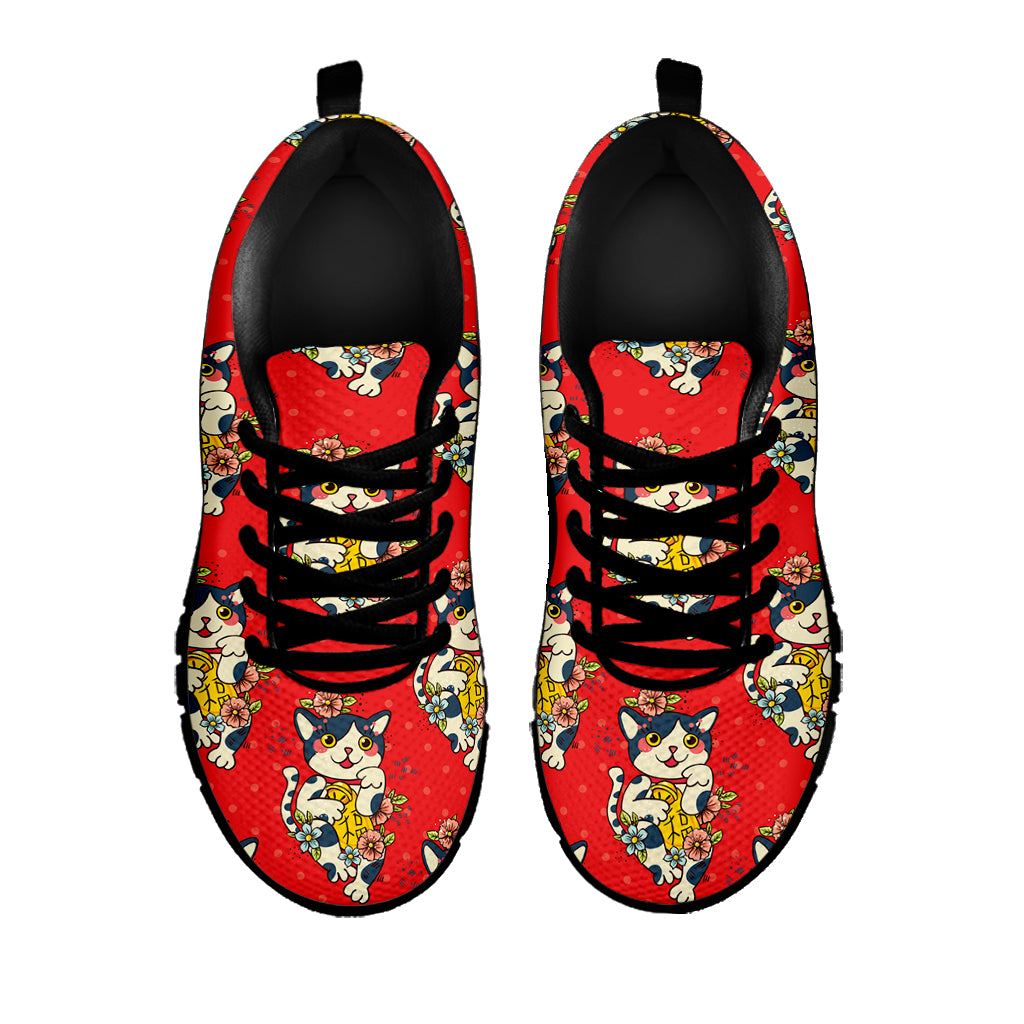 Japanese Cat Maneki Neko Pattern Print Black Sneakers