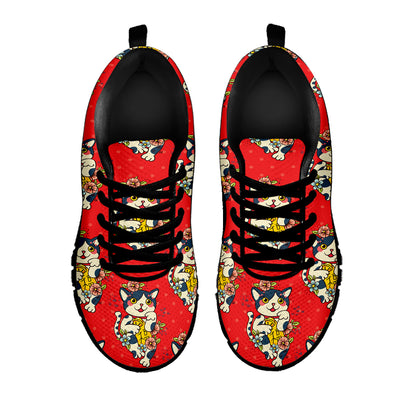 Japanese Cat Maneki Neko Pattern Print Black Sneakers
