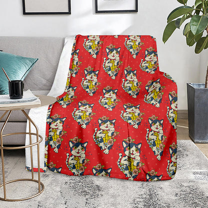Japanese Cat Maneki Neko Pattern Print Blanket