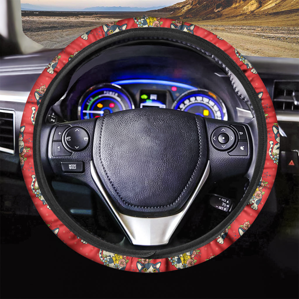 Japanese Cat Maneki Neko Pattern Print Car Steering Wheel Cover