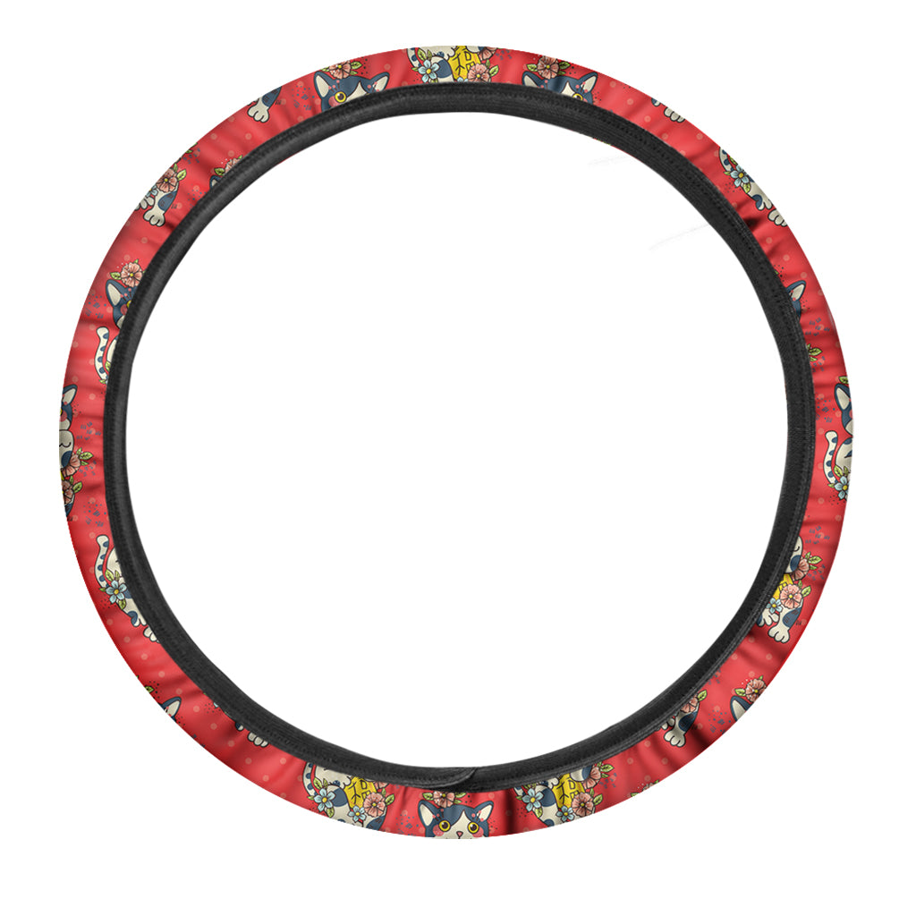 Japanese Cat Maneki Neko Pattern Print Car Steering Wheel Cover