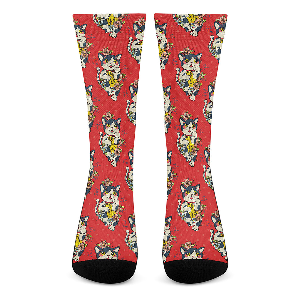 Japanese Cat Maneki Neko Pattern Print Crew Socks