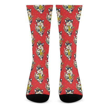 Japanese Cat Maneki Neko Pattern Print Crew Socks