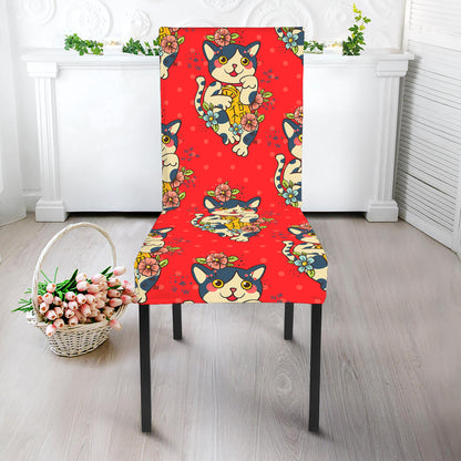 Japanese Cat Maneki Neko Pattern Print Dining Chair Slipcover