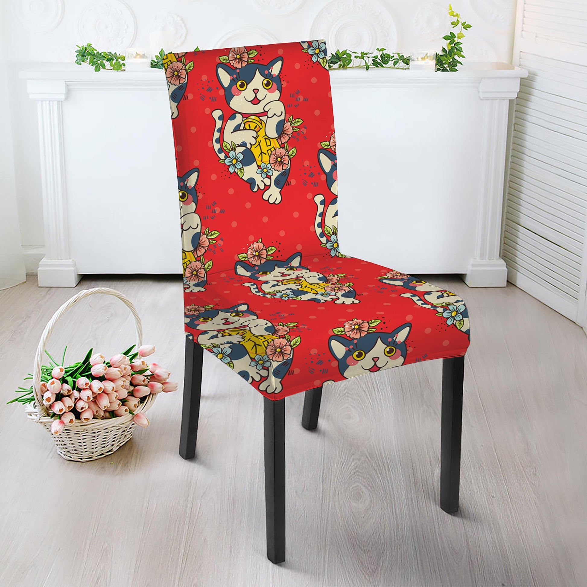 Japanese Cat Maneki Neko Pattern Print Dining Chair Slipcover