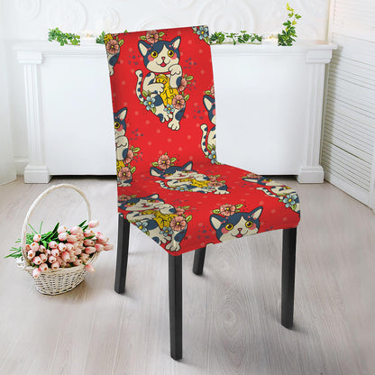 Japanese Cat Maneki Neko Pattern Print Dining Chair Slipcover