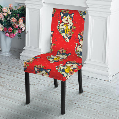 Japanese Cat Maneki Neko Pattern Print Dining Chair Slipcover