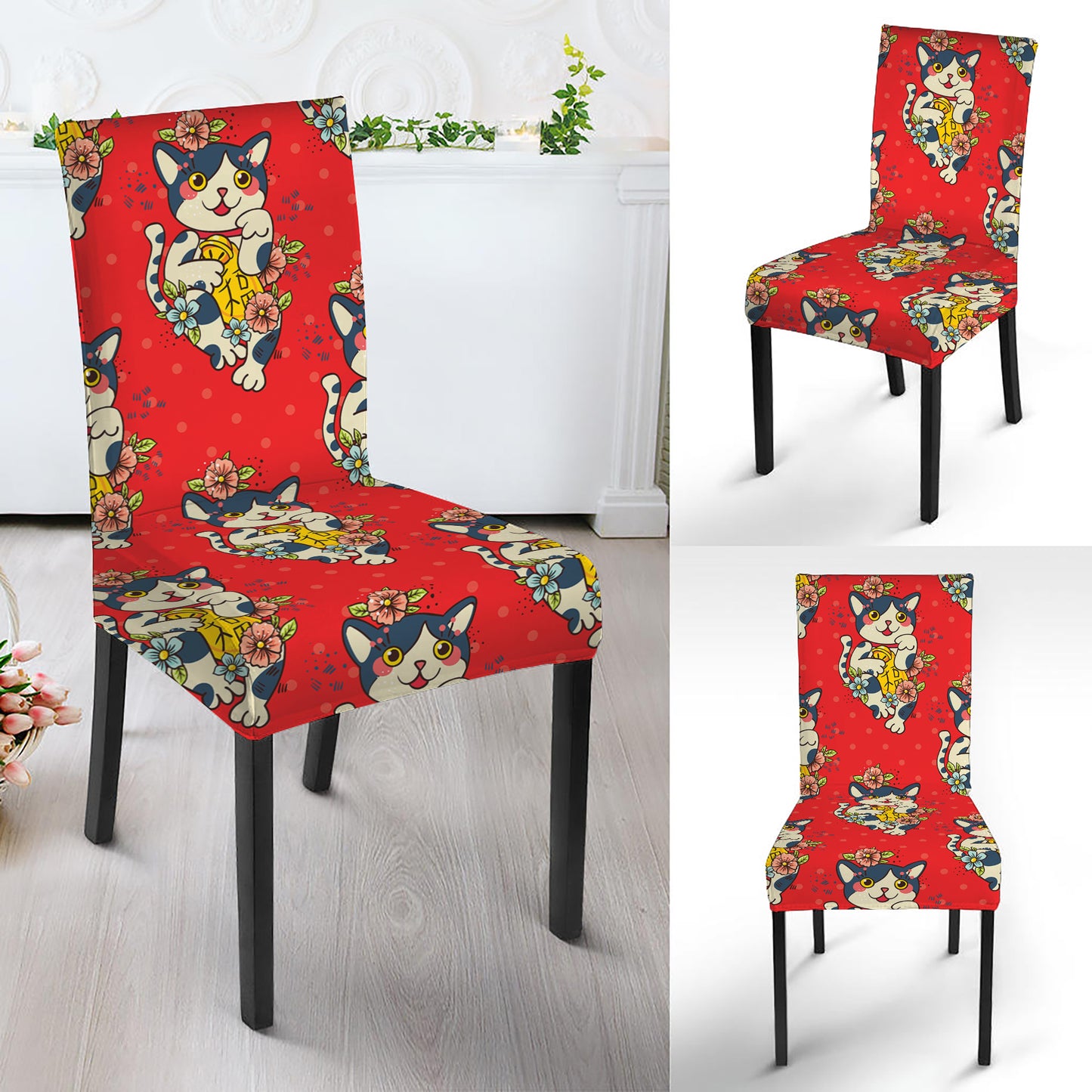 Japanese Cat Maneki Neko Pattern Print Dining Chair Slipcover