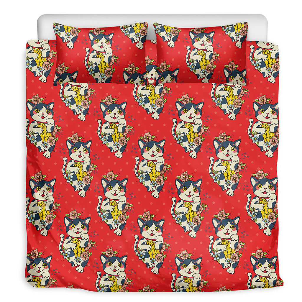 Japanese Cat Maneki Neko Pattern Print Duvet Cover Bedding Set