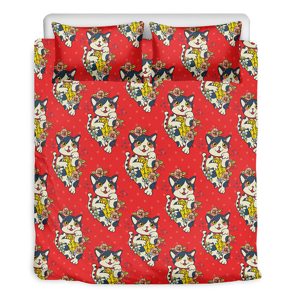 Japanese Cat Maneki Neko Pattern Print Duvet Cover Bedding Set