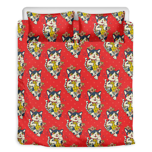 Japanese Cat Maneki Neko Pattern Print Duvet Cover Bedding Set