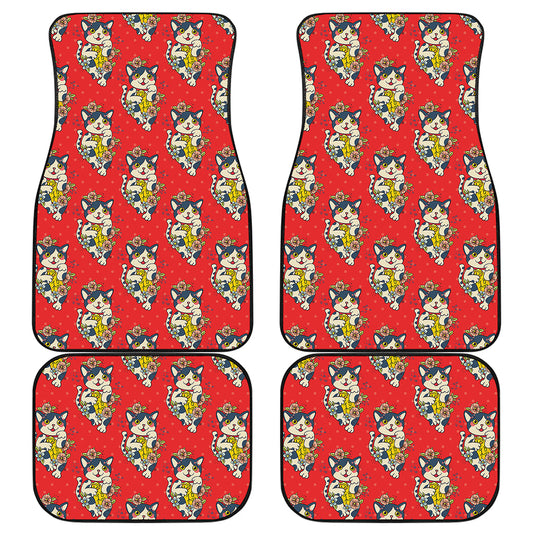 Japanese Cat Maneki Neko Pattern Print Front and Back Car Floor Mats