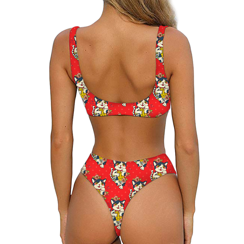 Japanese Cat Maneki Neko Pattern Print Front Bow Tie Bikini