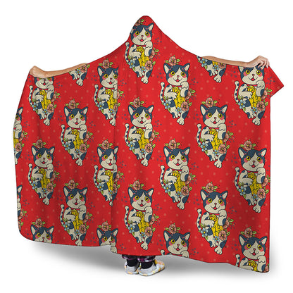Japanese Cat Maneki Neko Pattern Print Hooded Blanket