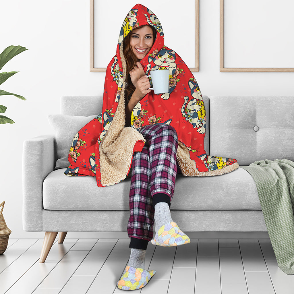 Japanese Cat Maneki Neko Pattern Print Hooded Blanket
