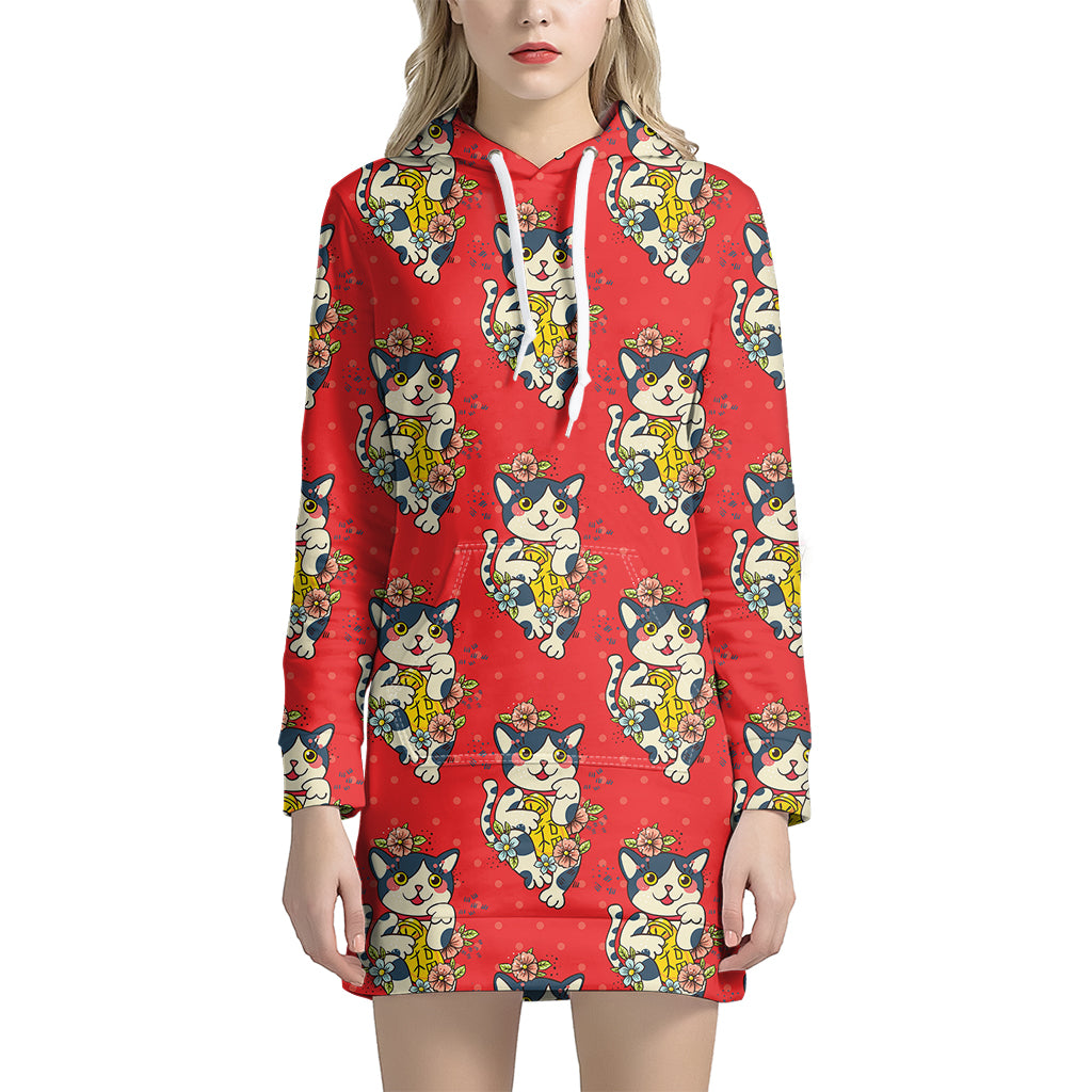 Japanese Cat Maneki Neko Pattern Print Hoodie Dress