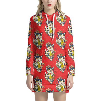 Japanese Cat Maneki Neko Pattern Print Hoodie Dress