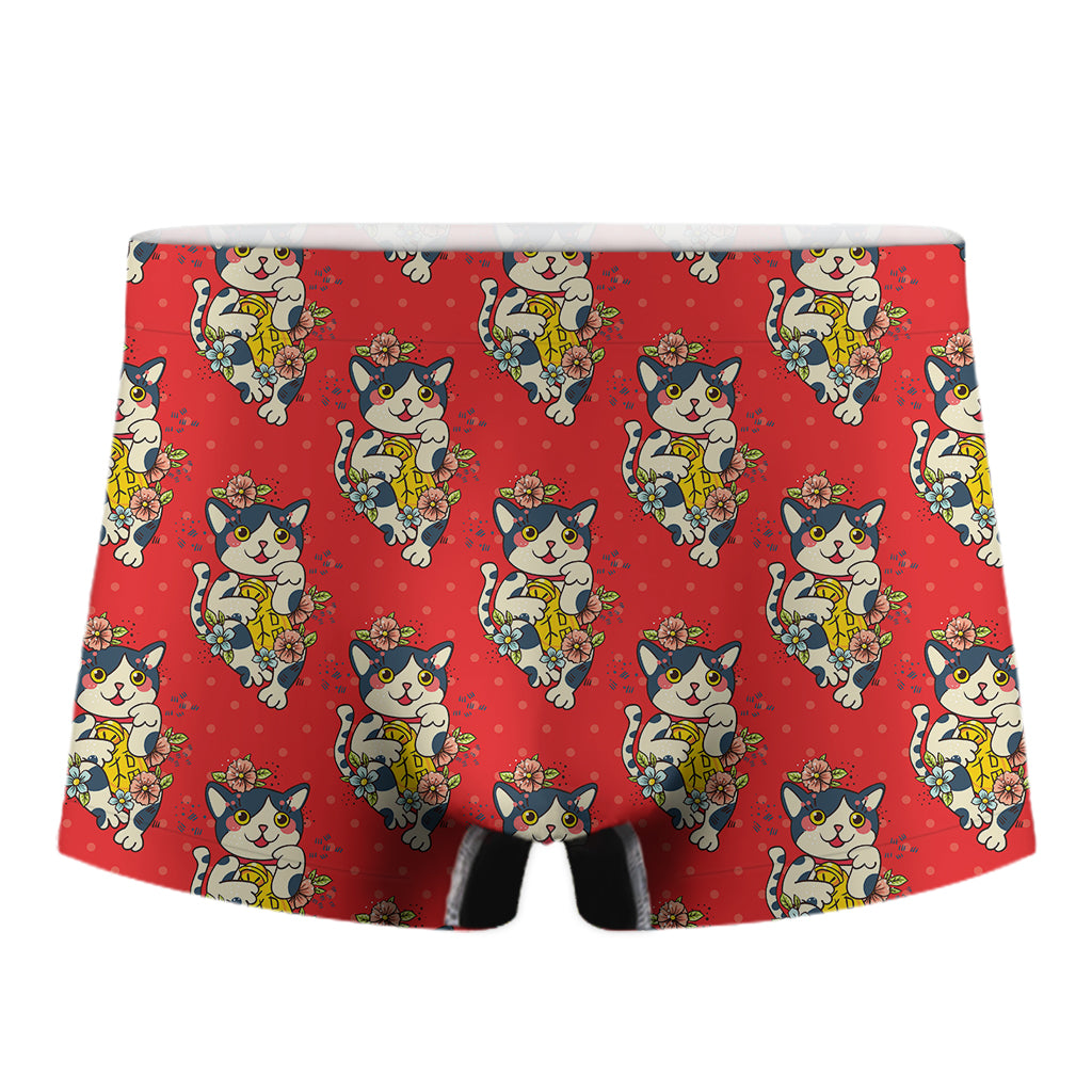 Japanese Cat Maneki Neko Pattern Print Men's Boxer Briefs