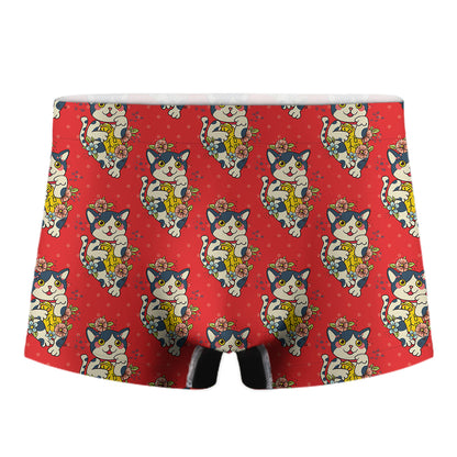 Japanese Cat Maneki Neko Pattern Print Men's Boxer Briefs