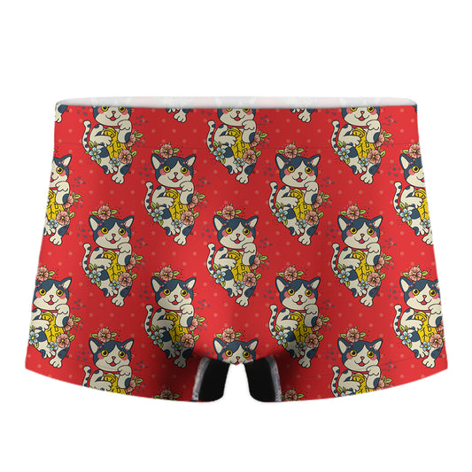 Japanese Cat Maneki Neko Pattern Print Men's Boxer Briefs