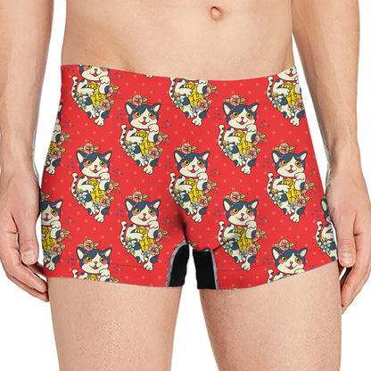 Japanese Cat Maneki Neko Pattern Print Men's Boxer Briefs