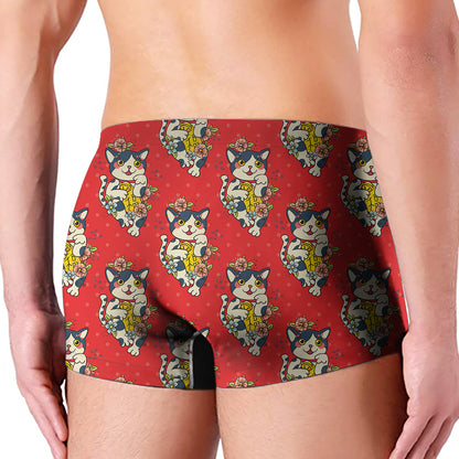 Japanese Cat Maneki Neko Pattern Print Men's Boxer Briefs