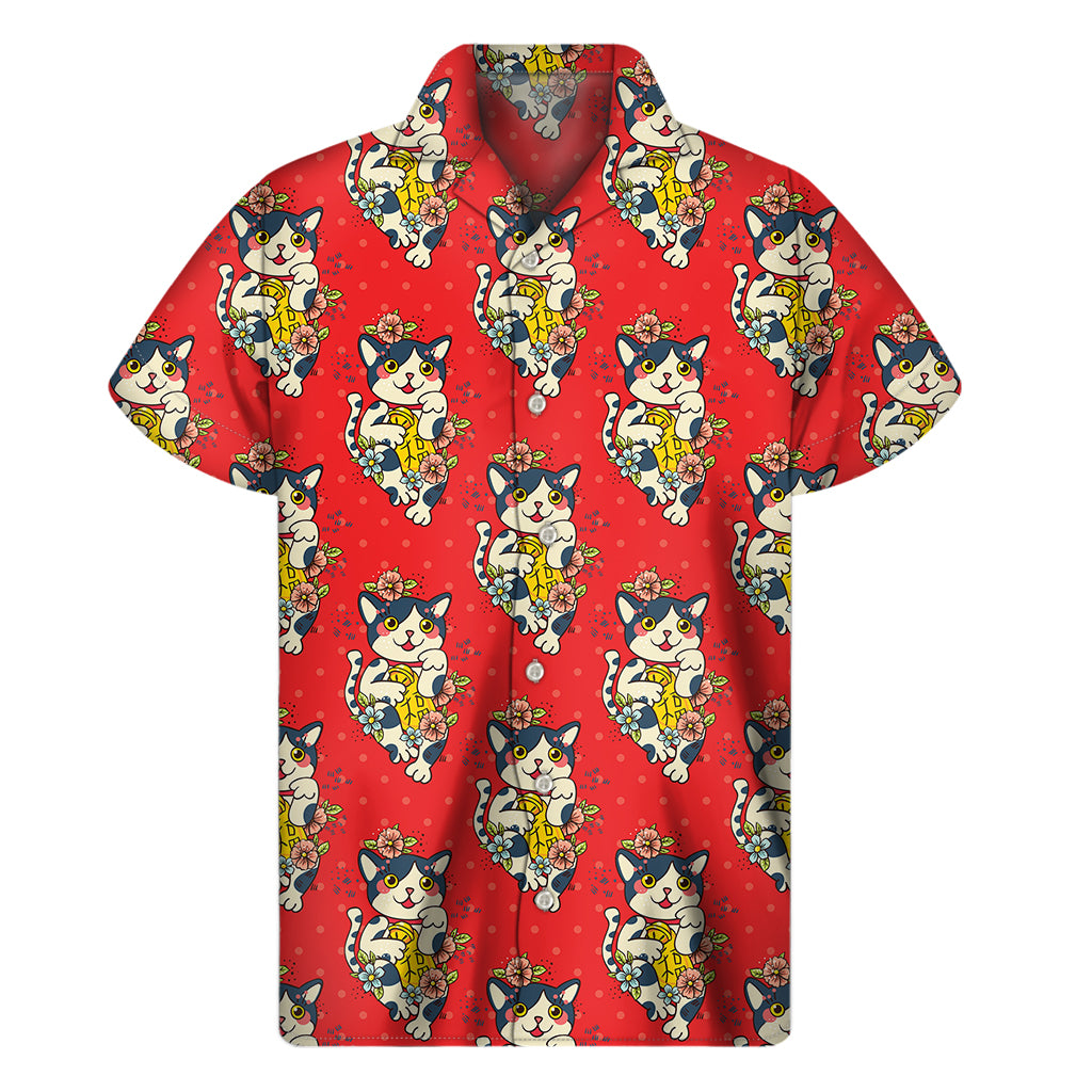 Japanese Cat Maneki Neko Pattern Print Men's Short Sleeve Shirt
