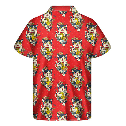 Japanese Cat Maneki Neko Pattern Print Men's Short Sleeve Shirt