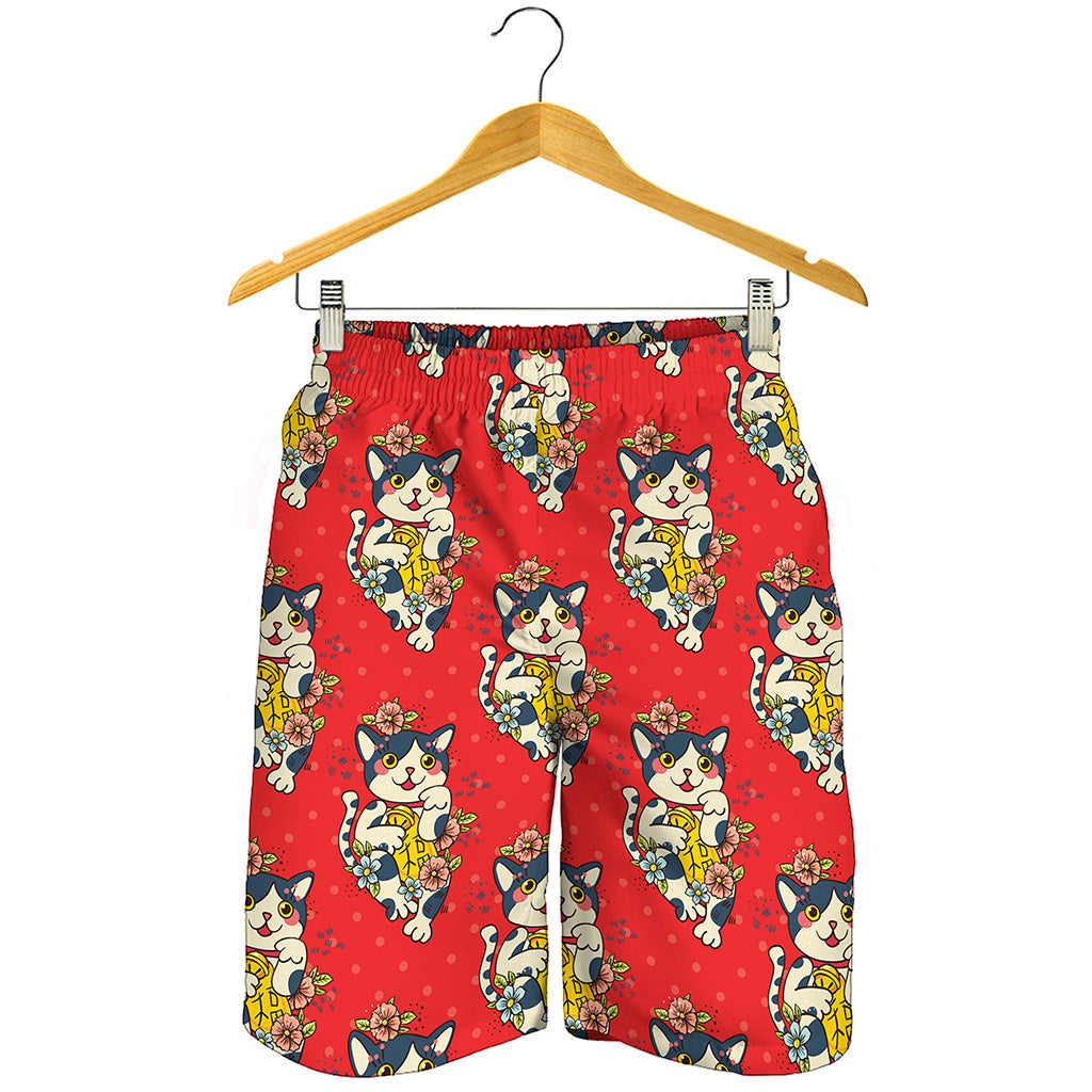 Japanese Cat Maneki Neko Pattern Print Men's Shorts