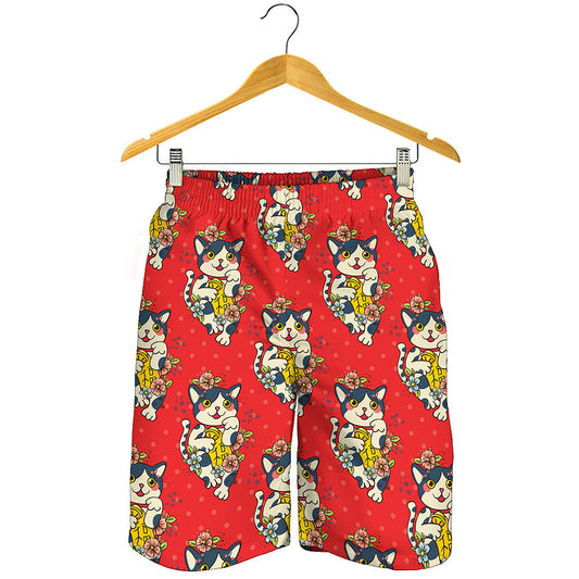 Japanese Cat Maneki Neko Pattern Print Men's Shorts