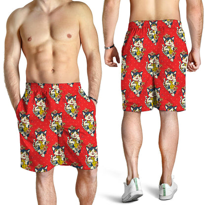 Japanese Cat Maneki Neko Pattern Print Men's Shorts