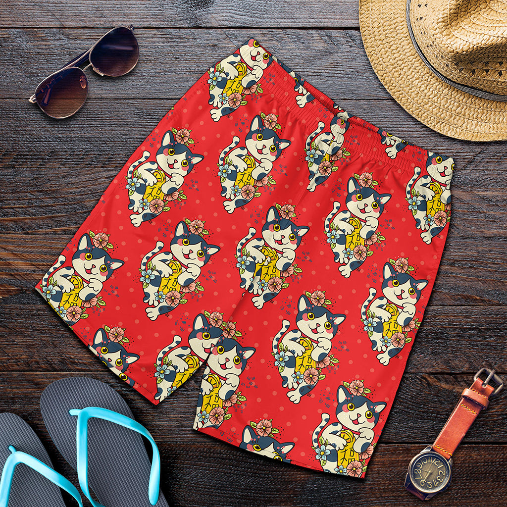 Japanese Cat Maneki Neko Pattern Print Men's Shorts