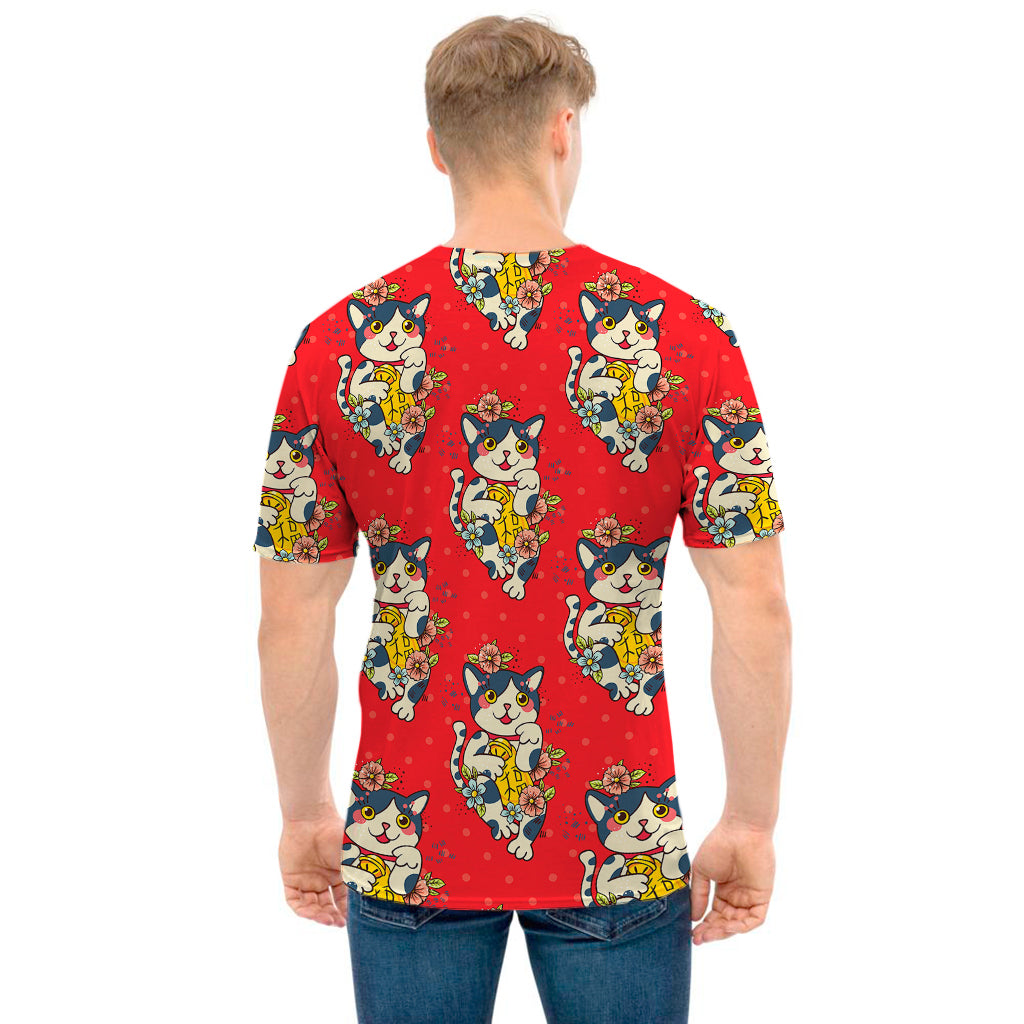 Japanese Cat Maneki Neko Pattern Print Men's T-Shirt