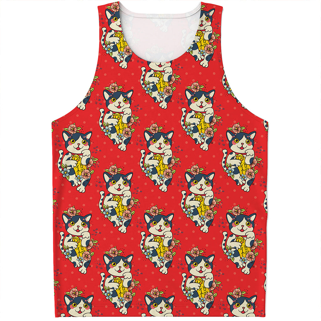 Japanese Cat Maneki Neko Pattern Print Men's Tank Top
