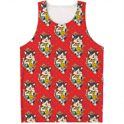 Japanese Cat Maneki Neko Pattern Print Men's Tank Top