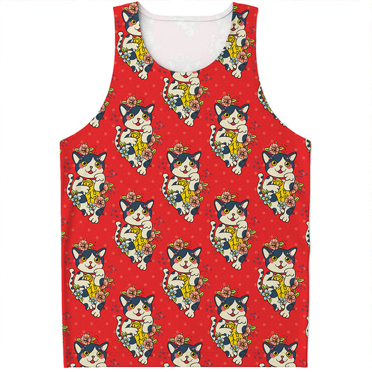 Japanese Cat Maneki Neko Pattern Print Men's Tank Top