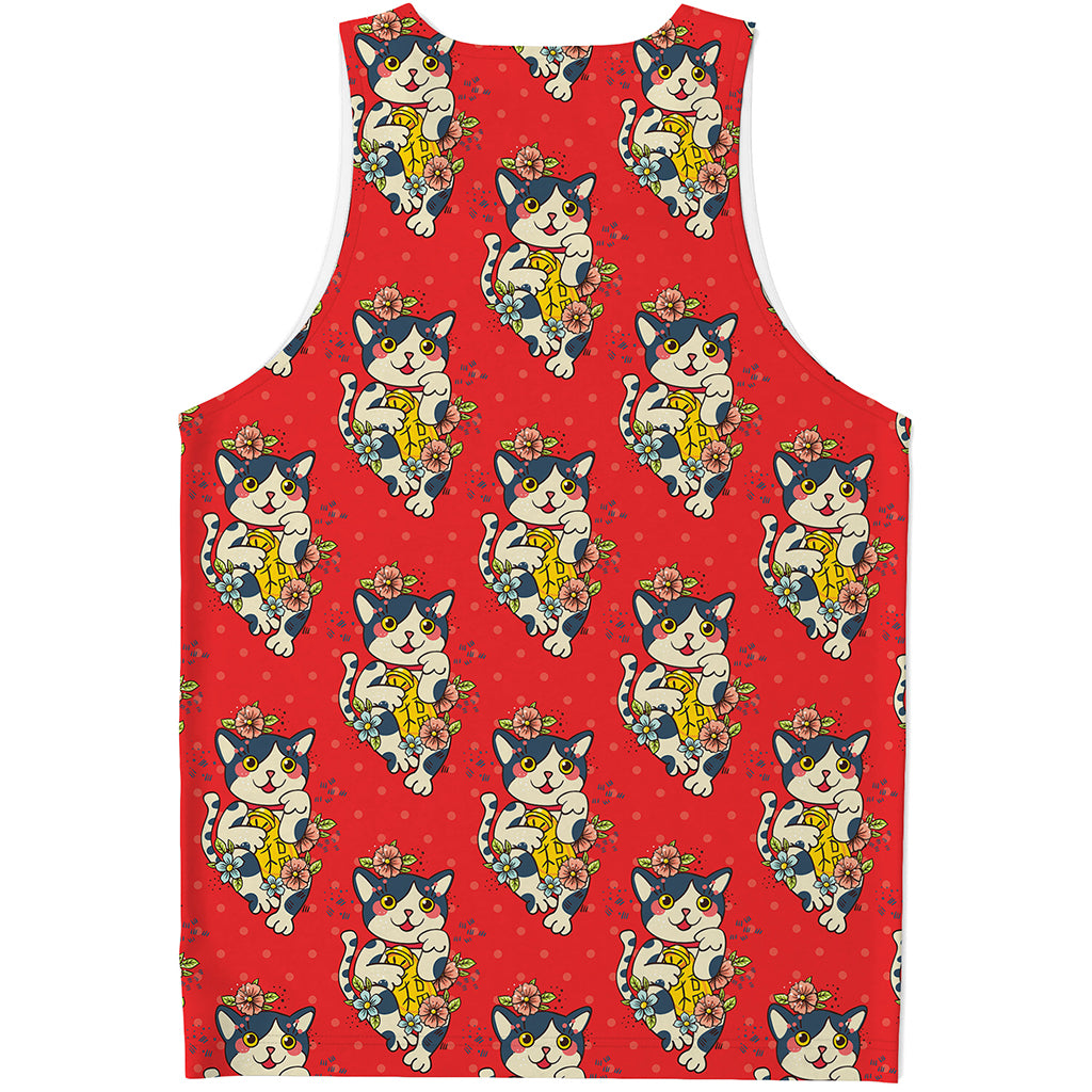Japanese Cat Maneki Neko Pattern Print Men's Tank Top