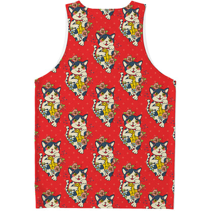 Japanese Cat Maneki Neko Pattern Print Men's Tank Top