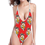 Japanese Cat Maneki Neko Pattern Print One Piece High Cut Swimsuit