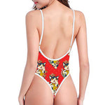 Japanese Cat Maneki Neko Pattern Print One Piece High Cut Swimsuit