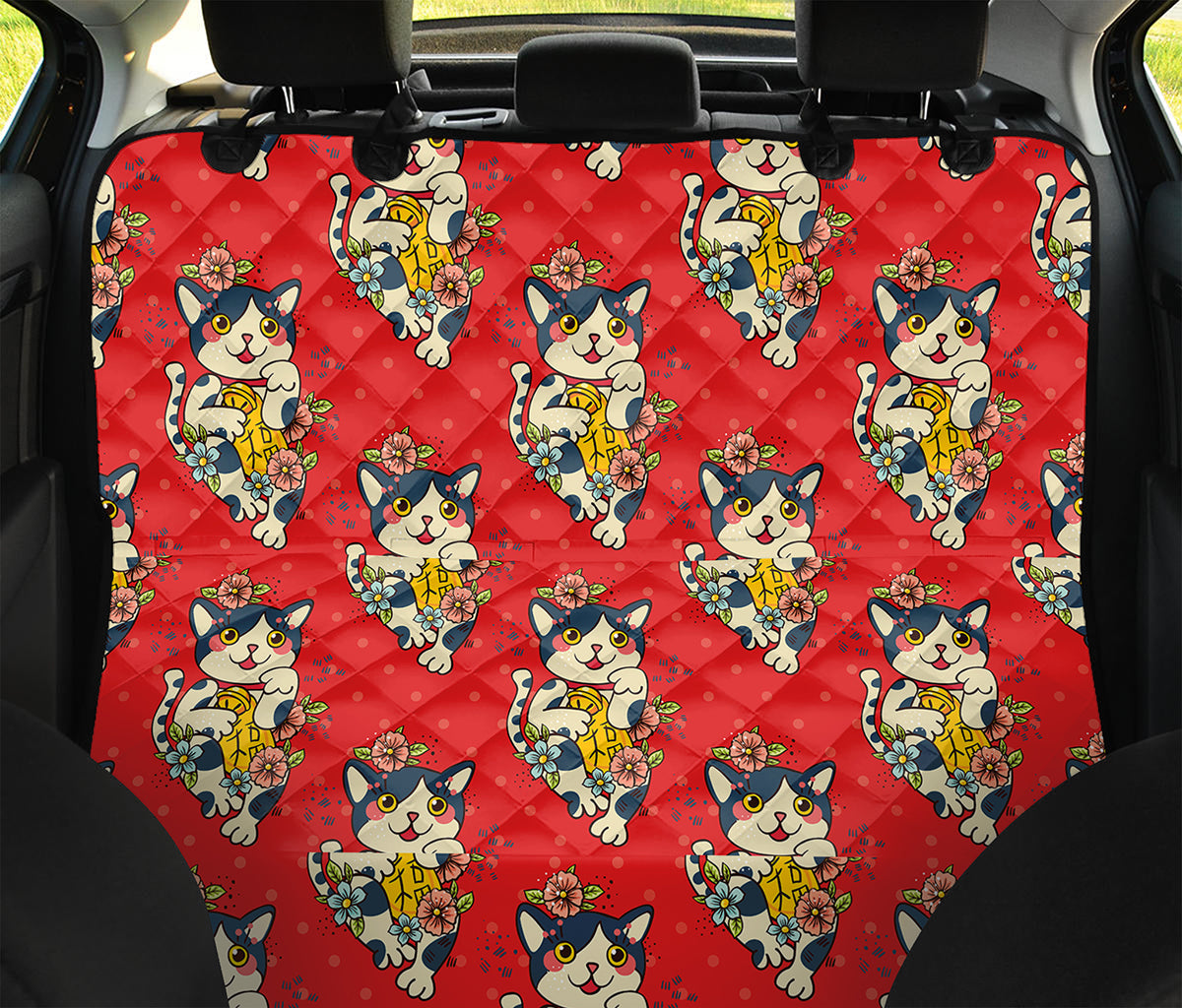 Japanese Cat Maneki Neko Pattern Print Pet Car Back Seat Cover