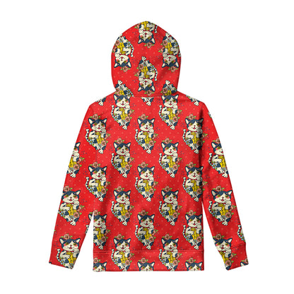 Japanese Cat Maneki Neko Pattern Print Pullover Hoodie