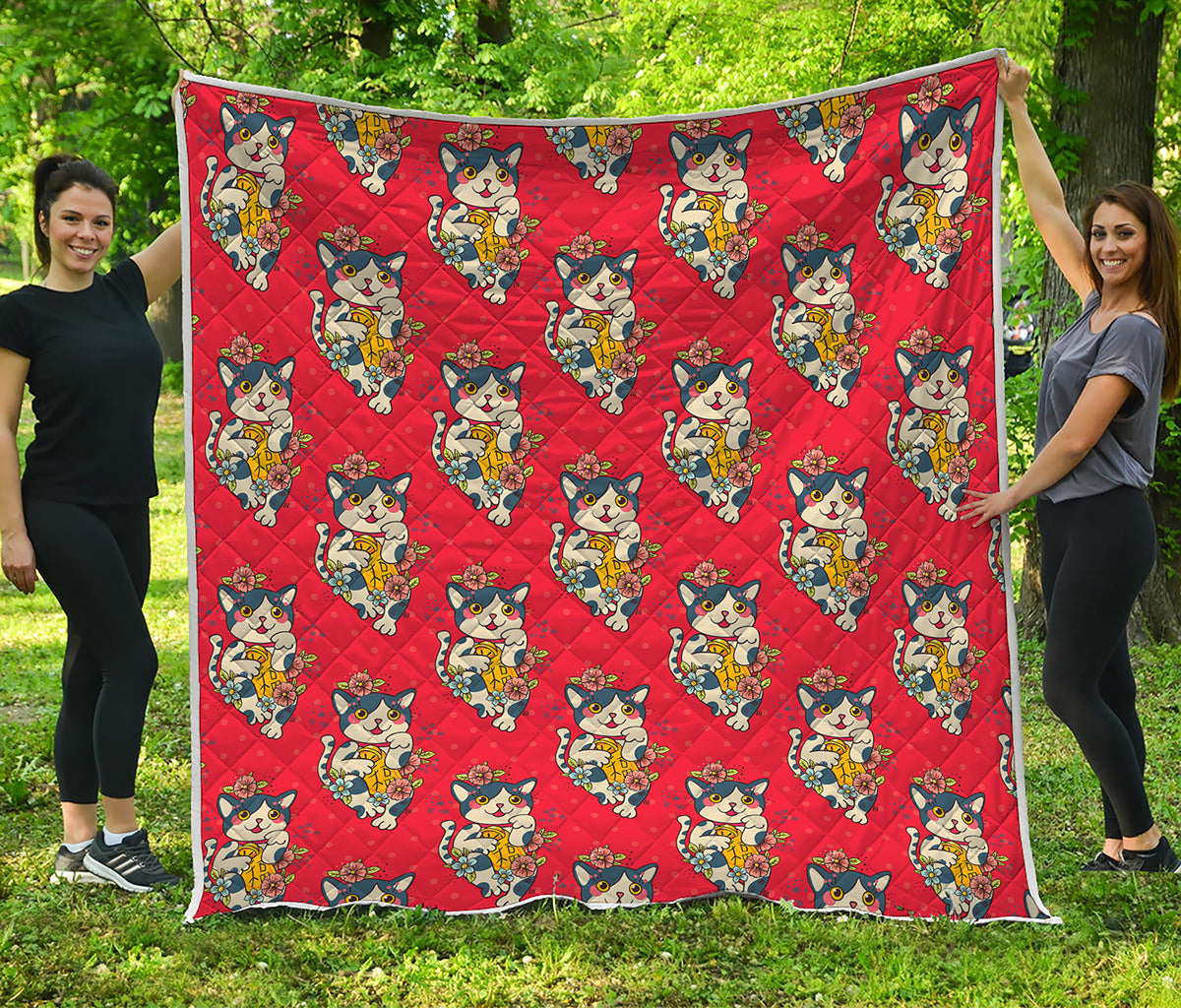 Japanese Cat Maneki Neko Pattern Print Quilt