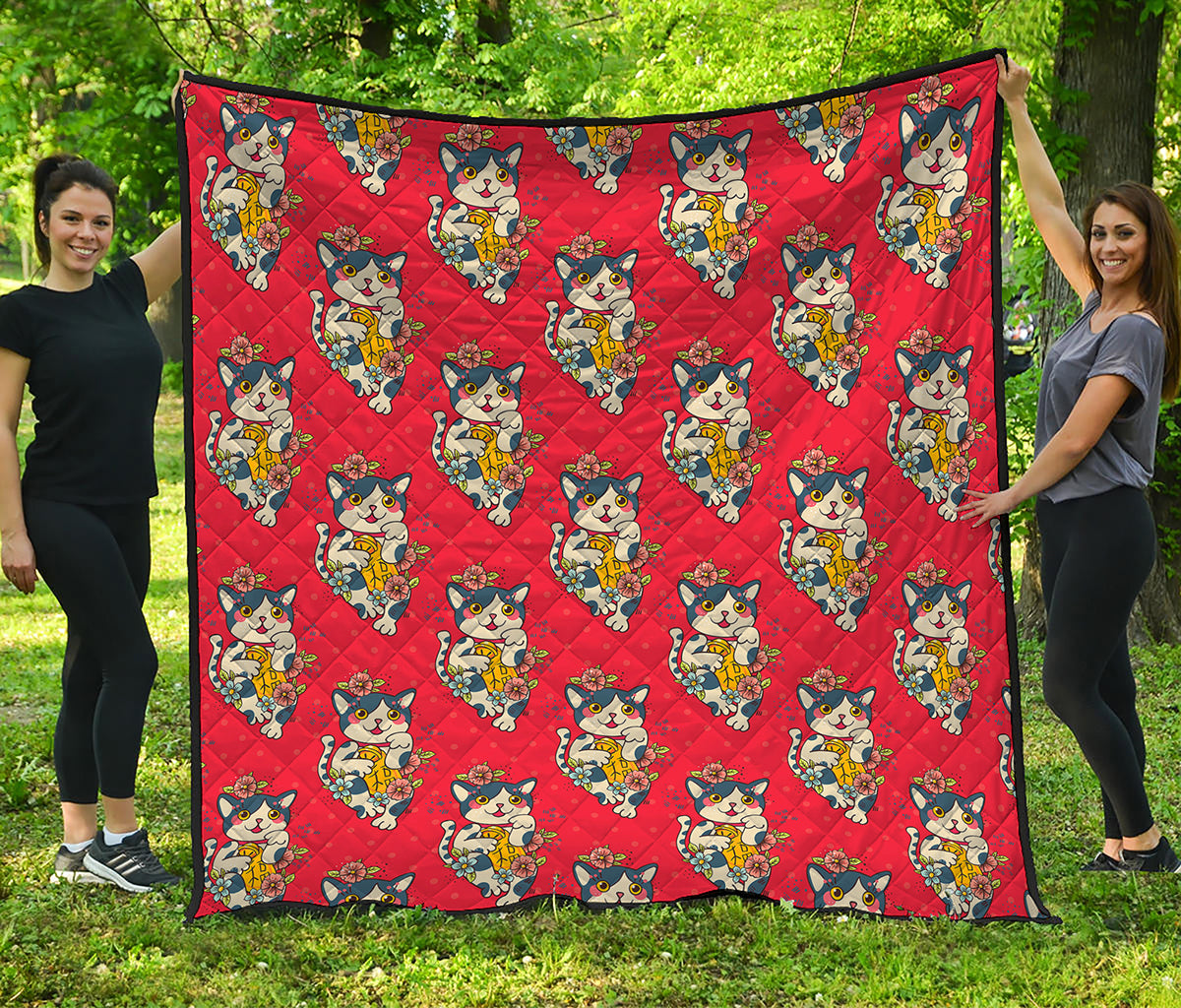 Japanese Cat Maneki Neko Pattern Print Quilt