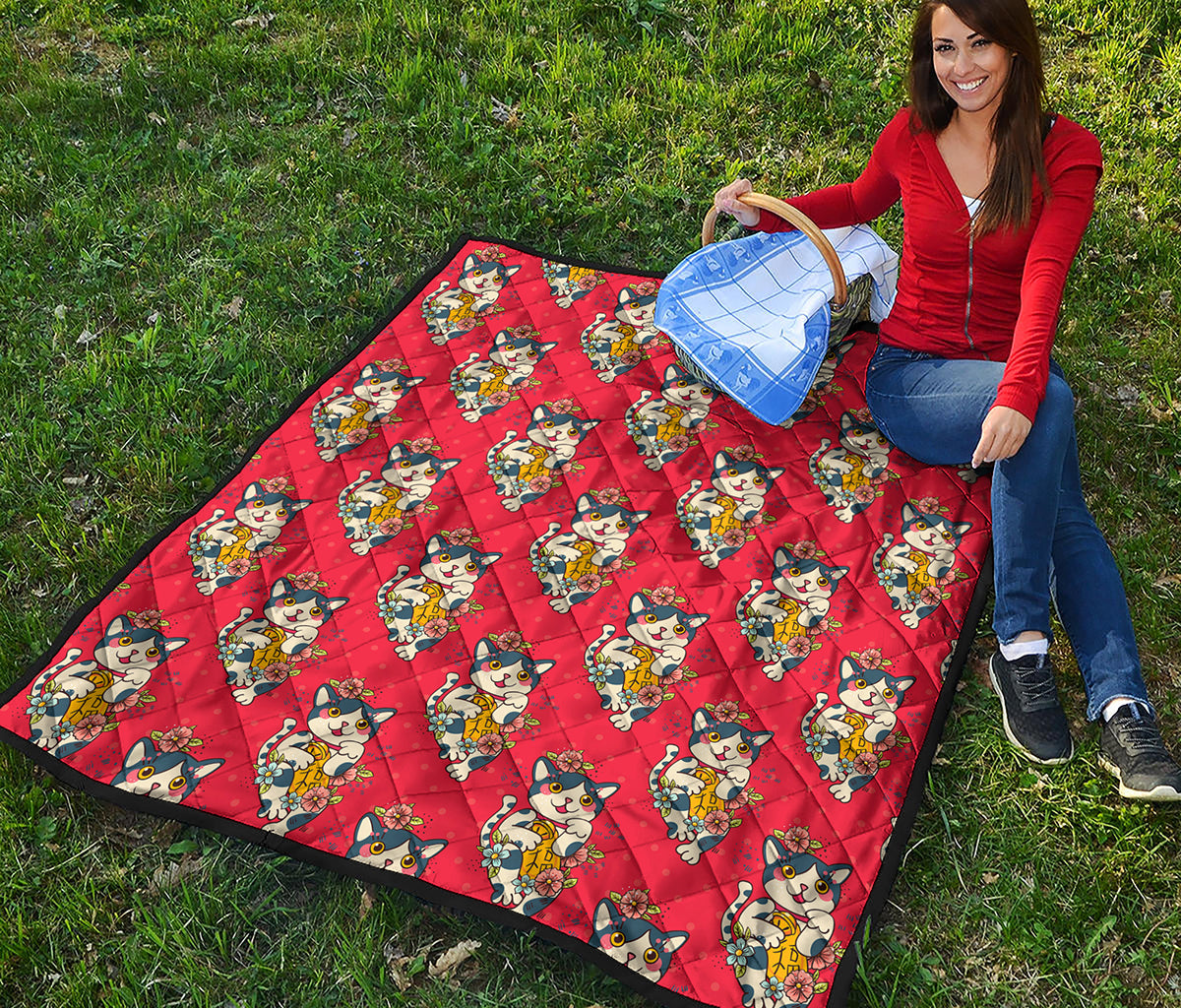 Japanese Cat Maneki Neko Pattern Print Quilt