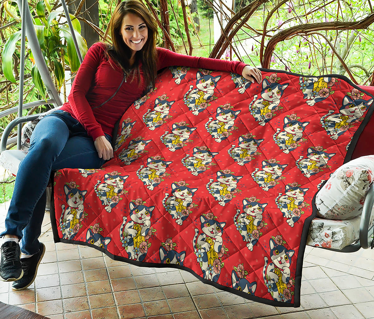 Japanese Cat Maneki Neko Pattern Print Quilt