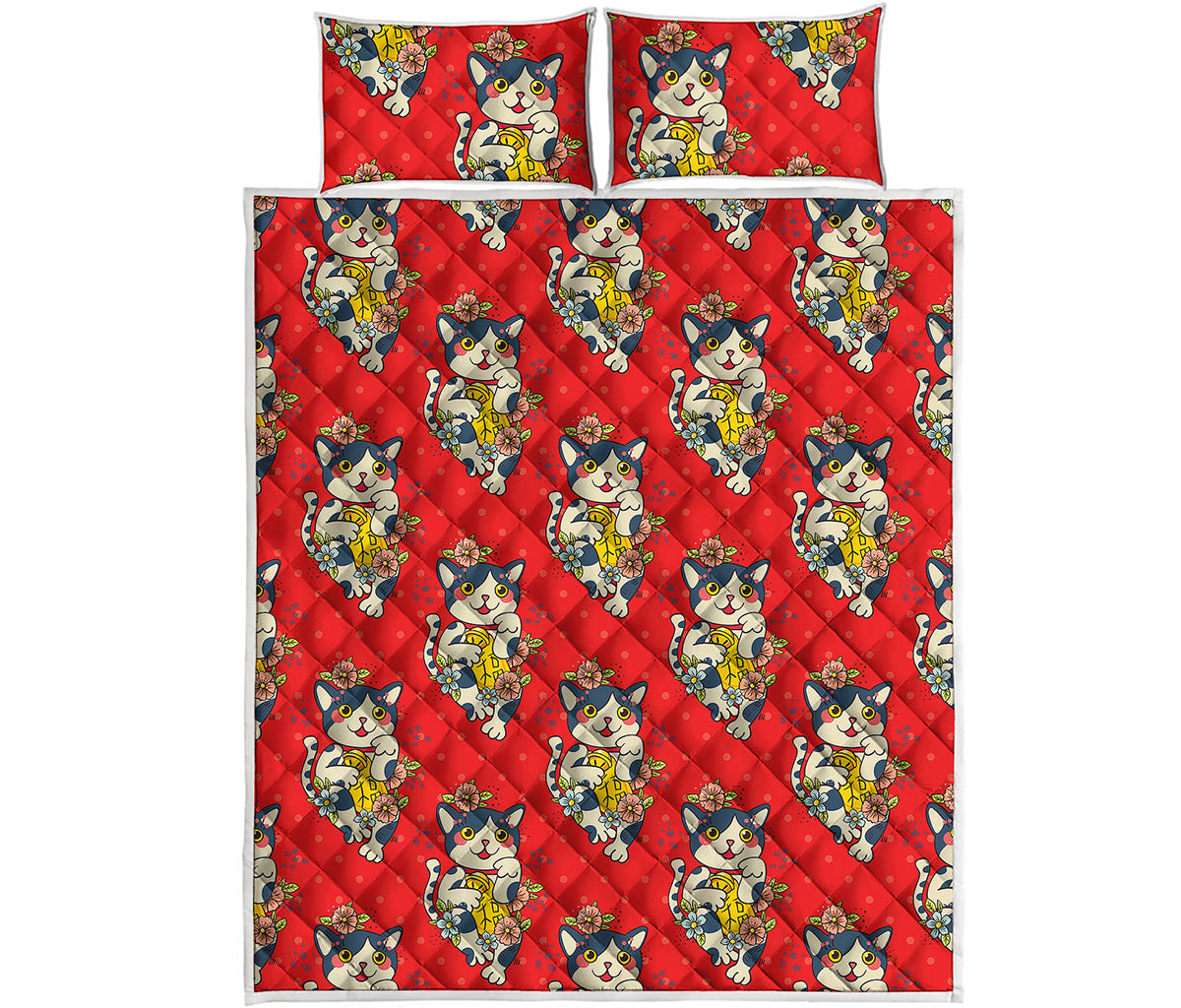 Japanese Cat Maneki Neko Pattern Print Quilt Bed Set